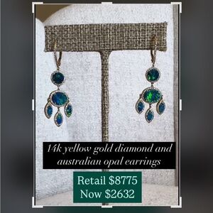 14k Yellow Gold Diamond and Australian Opal Earrings